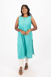 Green Handcrafted Solid Style Oxford Cotton Kurta 10074342