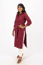 Maroon Handcrafted Solid Style Oxford Cotton Kurta 10074347