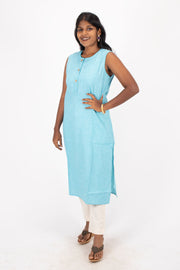 Blue Handcrafted Solid Style Oxford Cotton Kurta 10074349