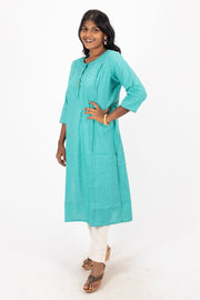 Green Handcrafted Solid Style Oxford Cotton Kurta 10074350