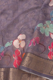 Lavender Grey Fancy Printed Linen Saree 10075295