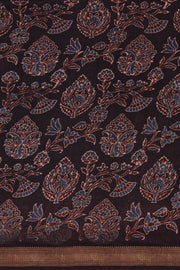 Truffle Black Ajrakh Printed Silk Cotton Saree With Floral Motifs And Zari Border 10076510