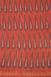 Tangerine Red Ajrakh Printed Silk Cotton Saree With Floral Motifs And Temple Zari Border 10076512