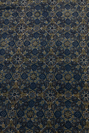 Navy Stone Blue Ajrakh Printed Mulmul Cotton Saree With Floral Motifs and Floral Border 10076517