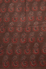 Wood Brown Ajrakh Printed Mulmul Cotton Saree With Floral Motifs and Geometric Border 10076520