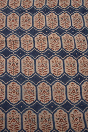 Graphite Blue Ajrakh Printed Mulmul Cotton Saree With Floral Motifs and Paisley Border 10076521