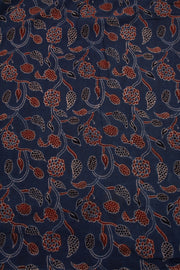 Ash Navy Blue Ajrakh Printed Mulmul Cotton Saree With Floral Motifs And Floral Border 10076522