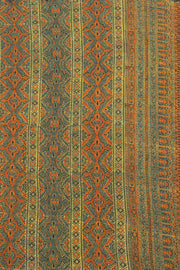 Earthy Sage Green Ajrakh Printed Mulmul Cotton Saree With Geometric Border 10076528