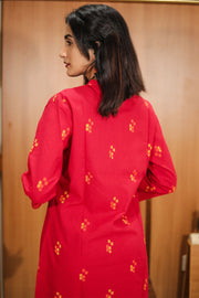 Red Hand Embroidered Cotton Kurta 10062687