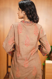 Brown Hand Block Printed Cotton Kurta & Pant Set 10062644