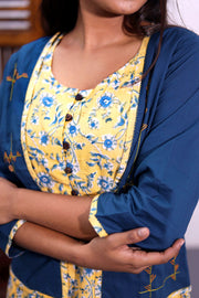 Yellow Hand Block Printed Midi Coat Cotton Dress With Jacket 10062643