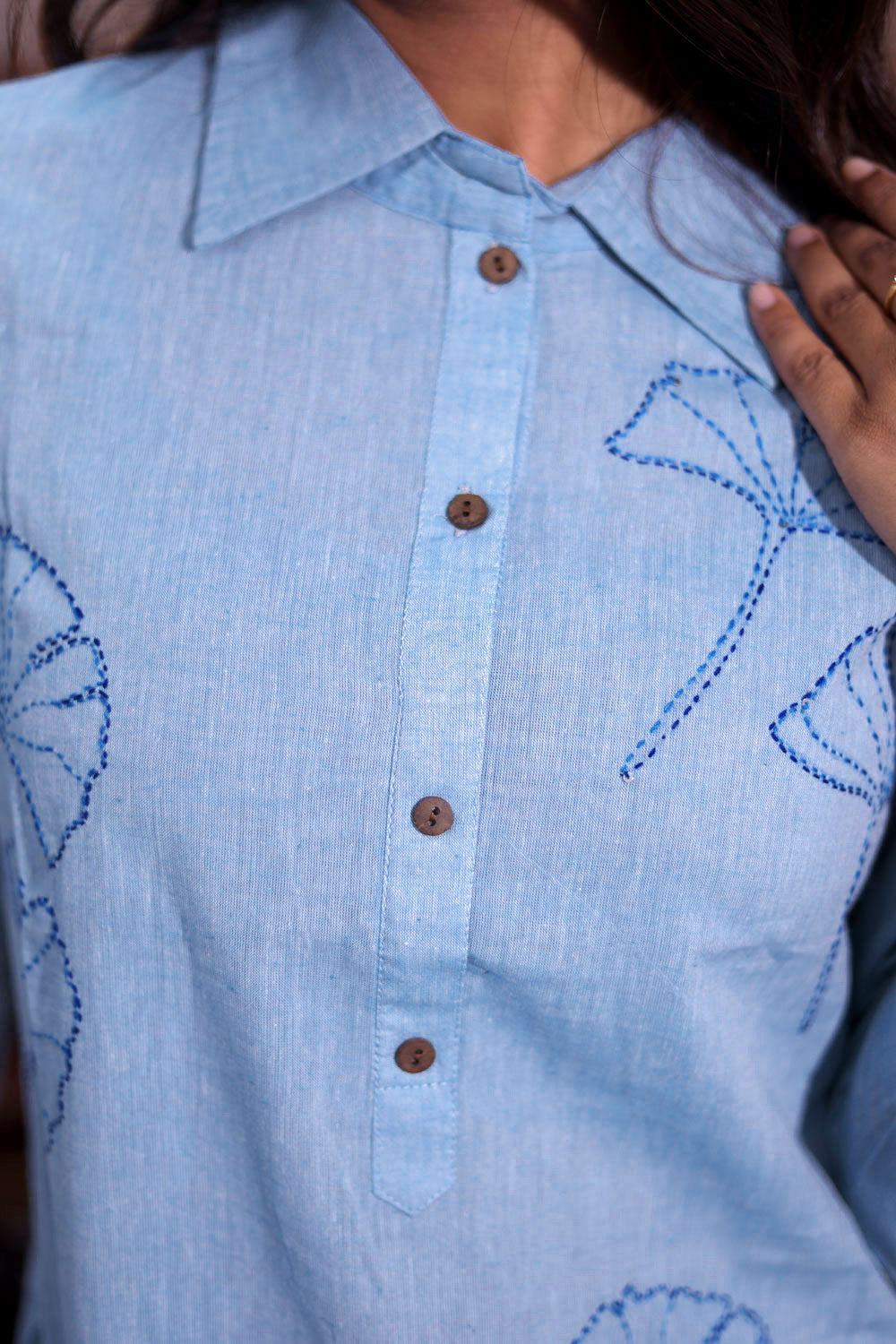 Poweder Blue Embroidered Cotton Shirt Style Kurta 10062699