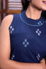 Navy Blue Handloom Cotton Dress with High Neck Design 10062662