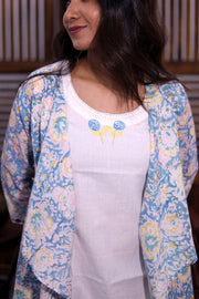 White Embroidered Midi Coat Cotton Dress With Printed Jacket 10062675