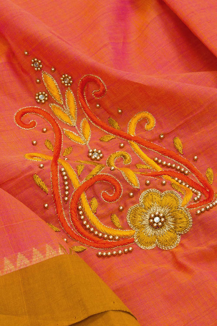 Pastel Orange Aari Embroidered Mangalgiri Cotton Blouse Material 10062427
