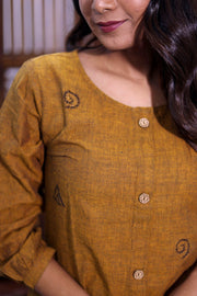 Ochre Yellow Hand Embroidered Cotton Kurta 10062671