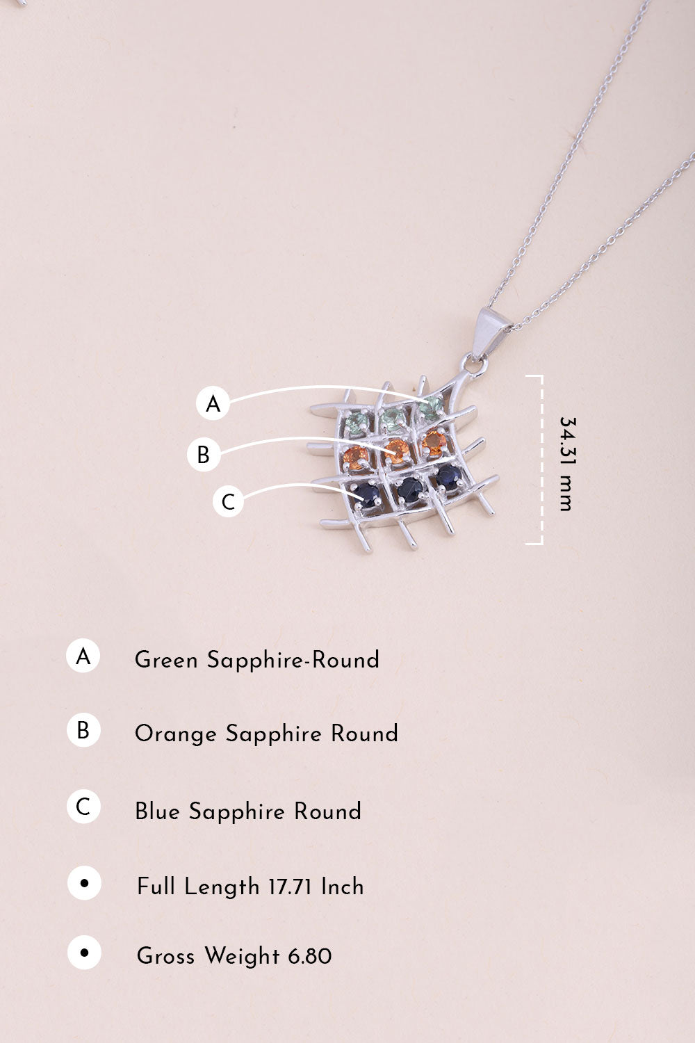 Blue, Green, Orange, Sapphire Silver Necklace Pendant Chain 10067164 - Avishya