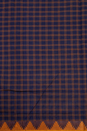 Ink Blue Handloom Chettinad Cotton Saree With Checks And Temple Border 10075843