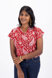 Red Hand Block Printed Cotton Crop Top 10074304