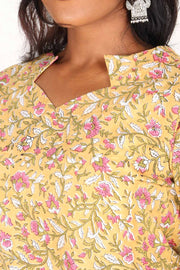 Mimosa Yellow Hand Block Printed Cotton Kurti 10071539