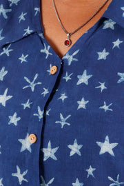 Indigo Star Motif Hand Block Printed Cotton Kurti 10072063