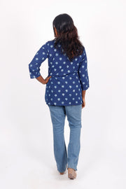 Indigo Star Motif Hand Block Printed Cotton Kurti 10072373