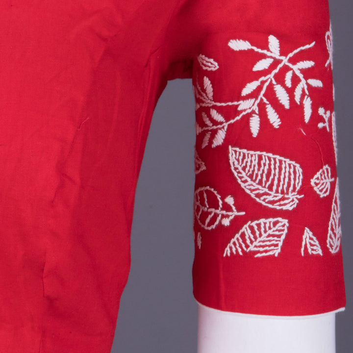 Red Kantha Embroidered Cotton Blouse 10069568 - Avishya