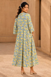 Pista Green Hand Block Printed Midi Coat Cotton Dress With Jacket 10077649