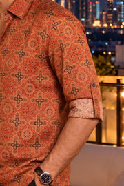 Rust Orange Ajrakh Printed Vegan Modal Silk Mens Shirt 10078100
