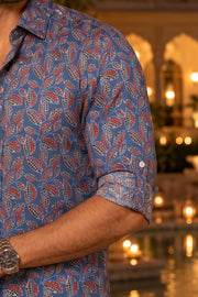 Blue Ajrakh Printed Vegan Modal Silk Mens Shirt 10078103