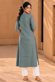 Green Cotton Hand Embroidered Kurta 10077670