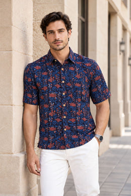 Blue Half Sleeve Jahota Printed Cotton Mens Shirt 10074318