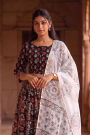 Black & Red Hand Block Printed Cotton Chaniya Choli With Kota Doria Dupatta 10066318