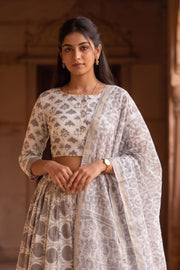 Mist Grey Hand Block Printed Cotton Chaniya Choli With Kota Doria Dupatta 10066312