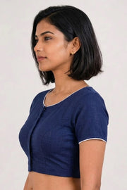Blue Handcrafted Slub Cotton Solid Style Blouse 10073185