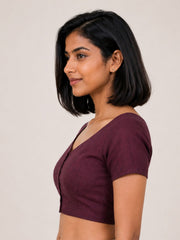 Maroon Handcrafted Slub Cotton Solid Style Blouse 10073196
