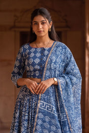 Blue Hand Block Printed Cotton Chaniya Choli With Kota Doria Dupatta 10066326