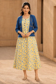 Yellow Hand Block Printed Cotton Dress With Jacket 10077616
