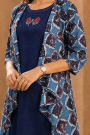 Blue Hand Embroidered Cotton Dress with Jacket 10077640