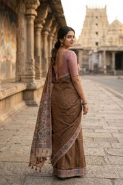 Brown Kalamkari Printed Semi Tussar Silk Saree With Floral Motifs And Floral Border 10076273