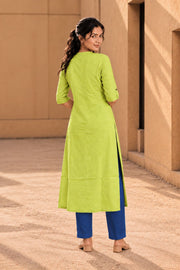 Lime Green Hand Embroidered Cotton Kurta 10077673