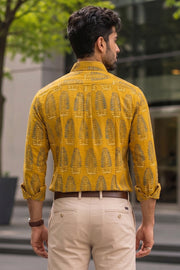 Mustard Yellow Full Sleeve Ajrakh Printed Cotton Mens Shirt 10071154