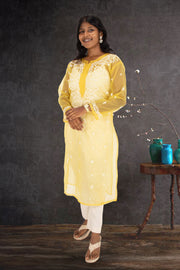 Yellow Chikankari Embroidery Organza Kurta 10074387