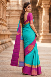 Blue Kanjivaram Silk Saree with Contrast Butta Border 10077903