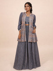 Grey Net Silk Embroidered Jacket Lehenga 10076888