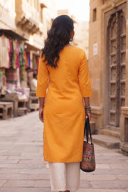 Mango Yellow Handcrafted Slub Cotton Kurta 10077429