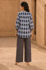 Denim Blue Hand Block Printed Cotton Kurti & Pant Set 10077652