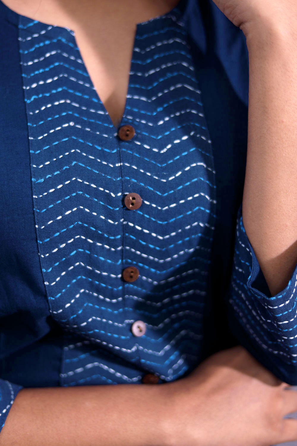 Blue Handloom Cotton Kurta with Embroidered Yoke 10062688