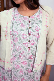 Offwhite Hand Block Printed Midi Coat Cotton Dress With Jacket 10062642