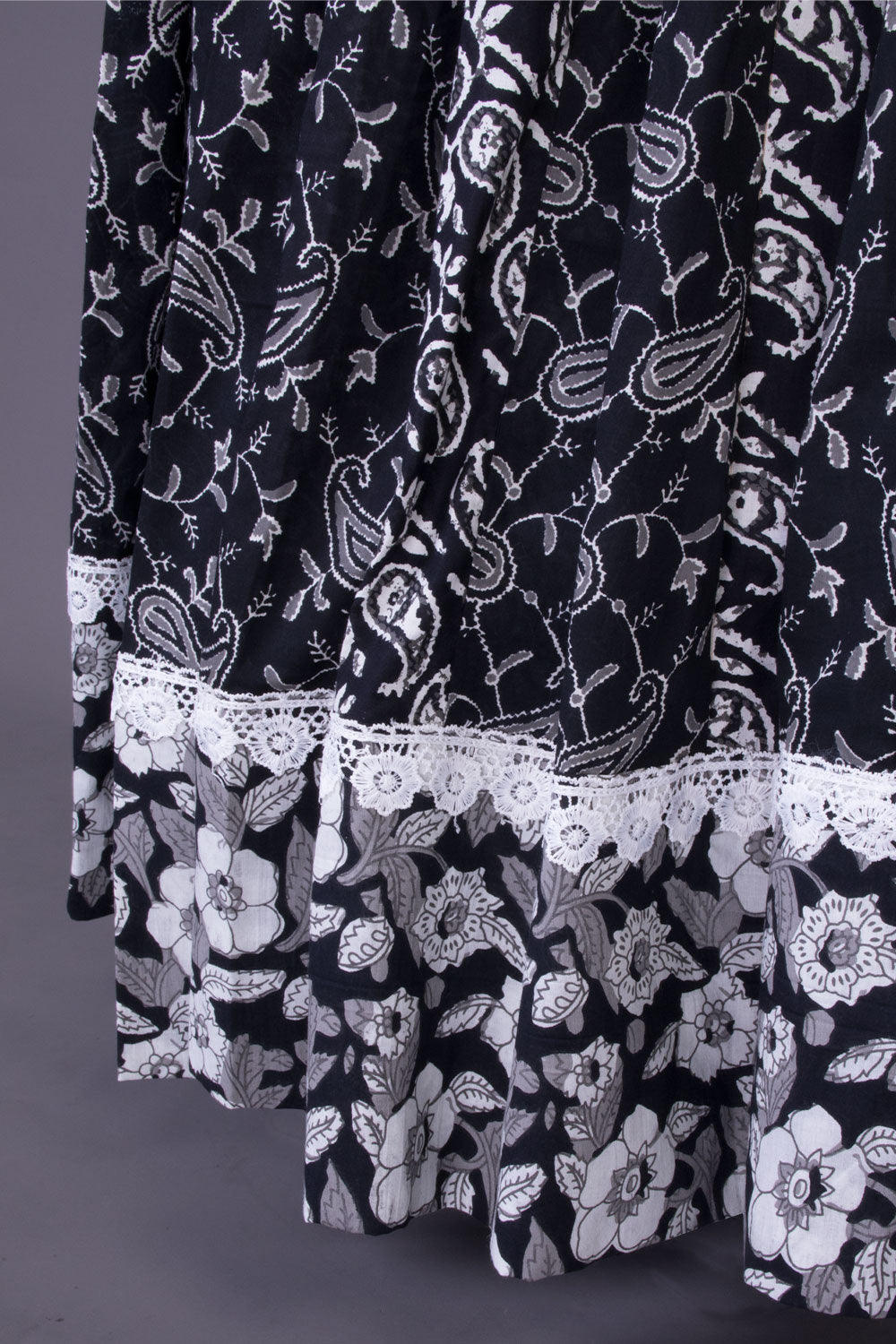 Black Hand Block Printed Cotton Skirt (Size-36 to 40)-Avishya